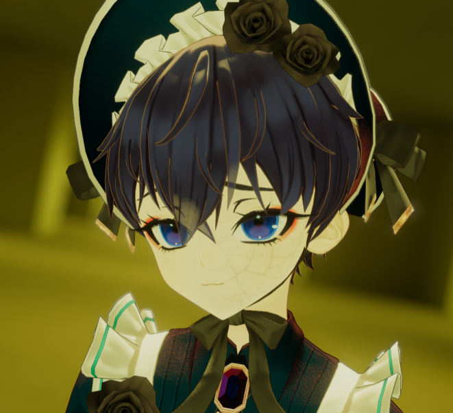 A dark blue haired boy with porcelain cracks on his face. He is wearing an Alice in Wonderland inspired outfit with a bonnet and black roses.