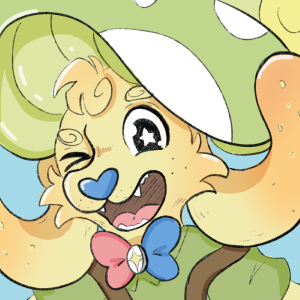 A cartoon yellow mushroom dog wearing a green mushroom hat.