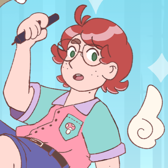 A drawing of a red haired guy looking surprised. He's wearing a pastel colored button up and glasses and holding a tablet pen.