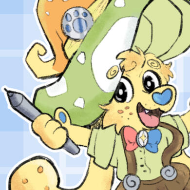 A drawing of Moosh smiling and holding out a tablet pen.