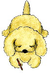 A gif of a yellow doggie writing with a pen.